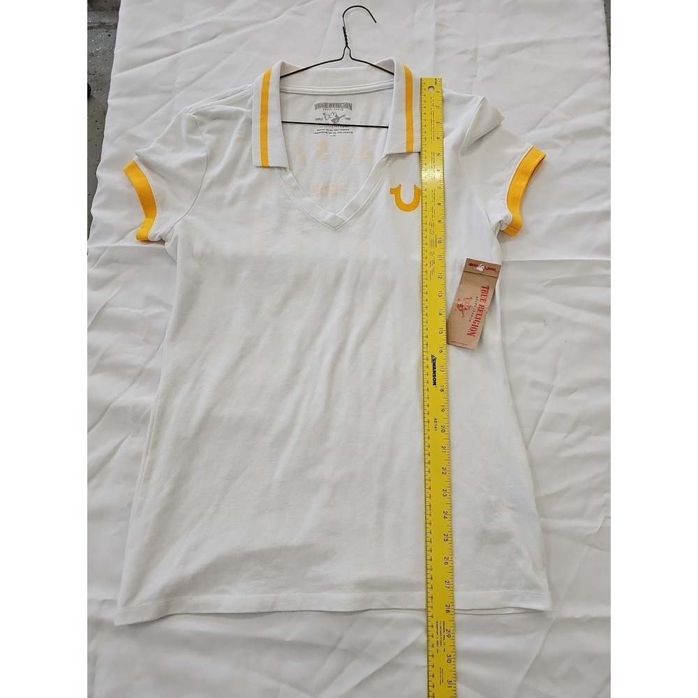 True Religion Women's Short Sleeve V-Neck‎ Polo White/Yellow Size Large